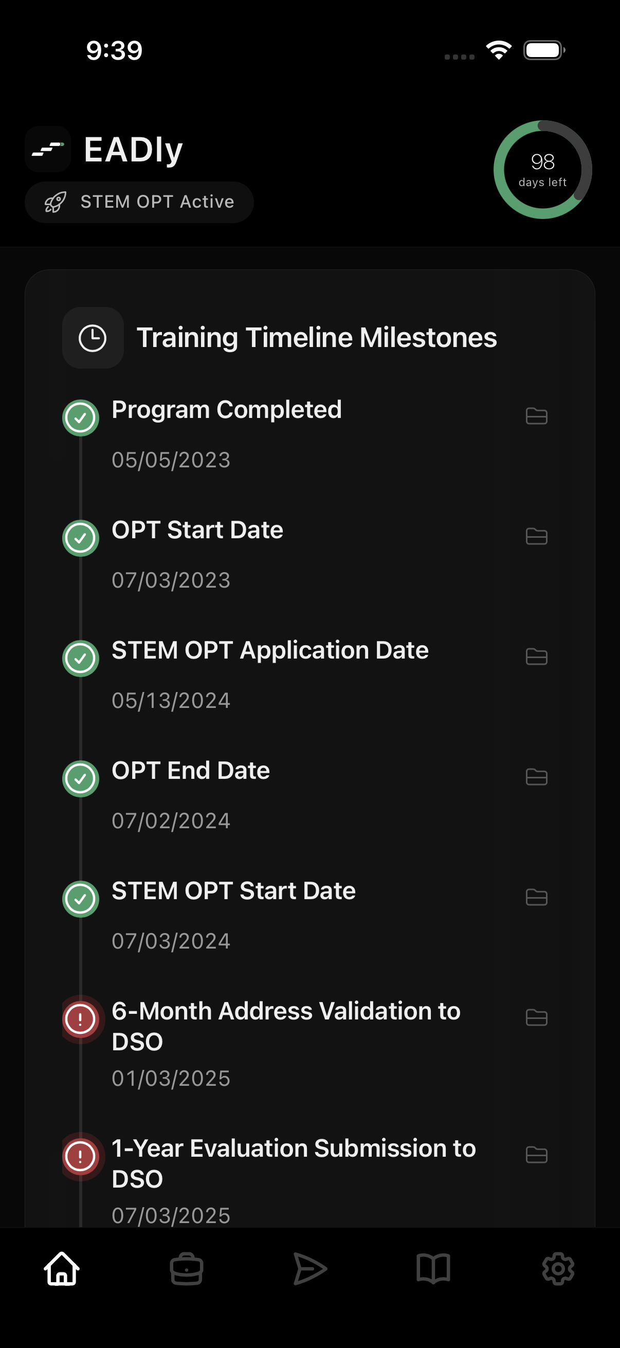 The EADly app showing the OPT and STEM OPT timeline with milestone dates and the unemployment-days counter